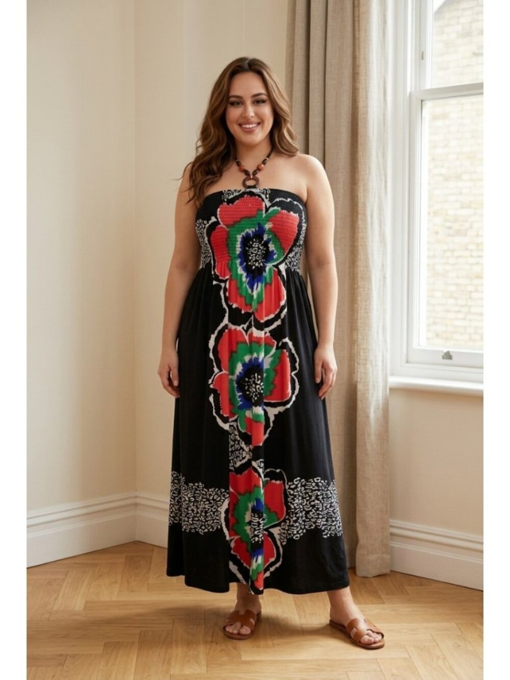 Magic Black Bold Floral Print Strapless Maxi Dress